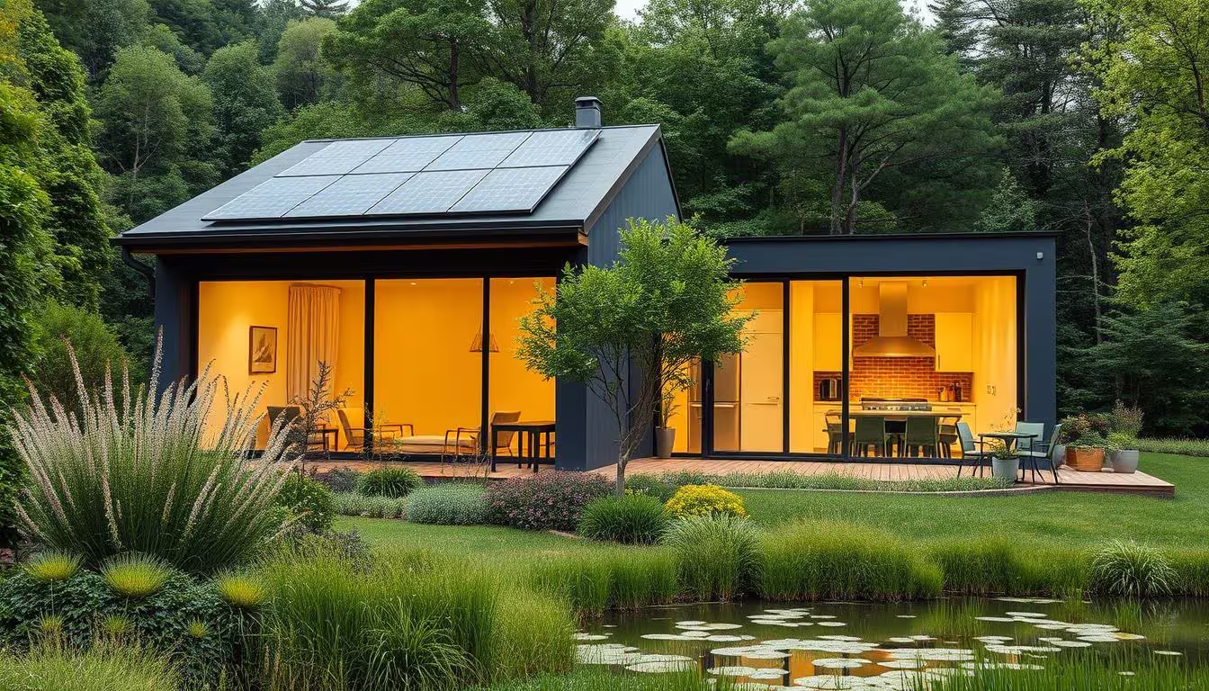 Case Passive: Guida Completa all’Abitazione del Futuro 2 Una casa passiva moderna e serena immersa in un paesaggio lussureggiante e verdeggiante. La facciata elegante e minimalista dell'edificio è impreziosita da ampie finestre che inondano l'interno di luce naturale. I pannelli solari posizionati strategicamente sul tetto sfruttano l'energia rinnovabile, alimentando gli efficienti sistemi di riscaldamento e raffreddamento. Il giardino ben curato con flora autoctona e un tranquillo laghetto che circondano la struttura riflettono l'integrazione armoniosa dell'edificio con l'ambiente naturale. Un'illuminazione calda e diffusa illumina gli interni, rivelando linee pulite, soffitti alti ed elettrodomestici a basso consumo energetico. L'atmosfera è pervasa da comfort, sostenibilità e consapevolezza ambientale.